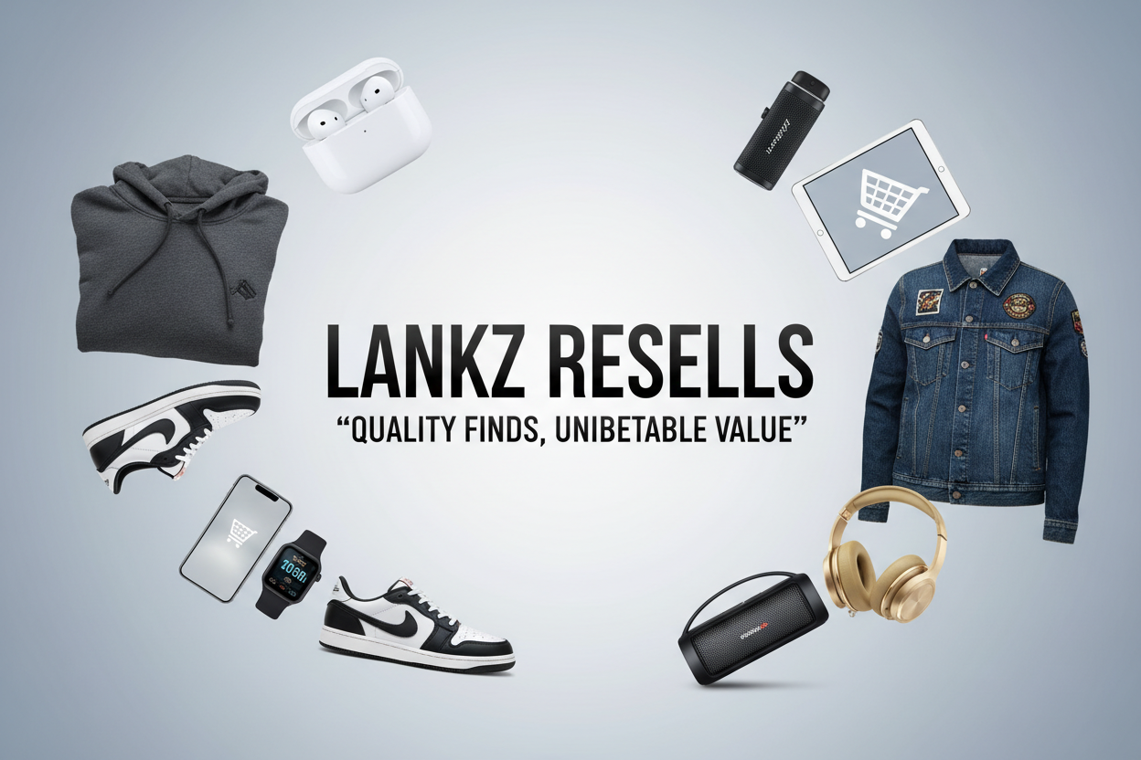 make a image where it says lankz resells in the middle and a qoute and some clothes and electronics like airpods and things